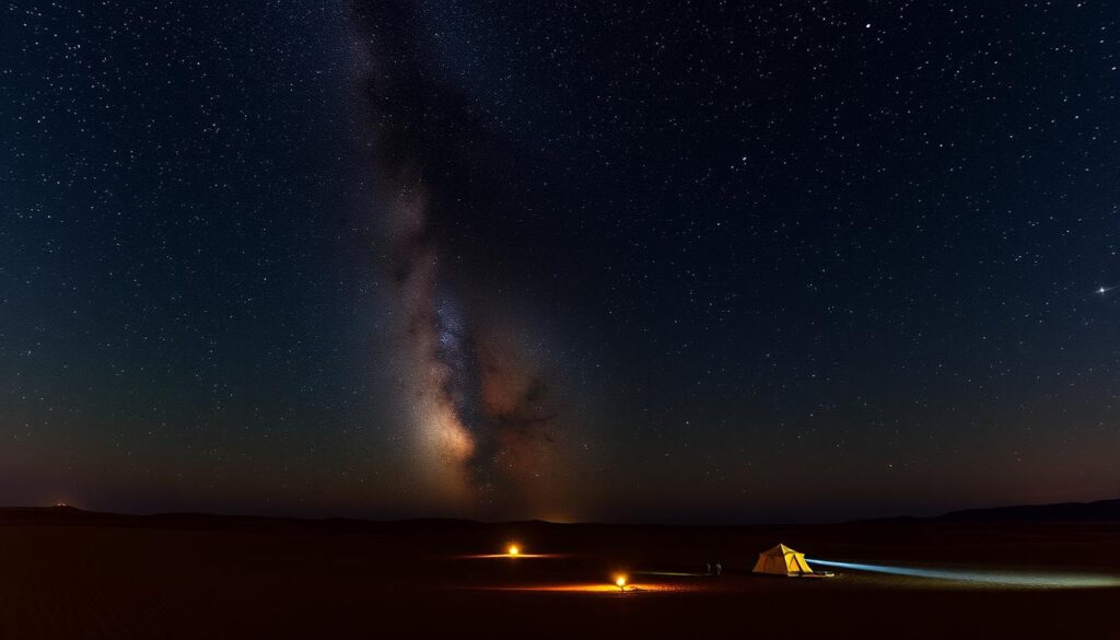Starry night sky over Erg Chigaga desert camp