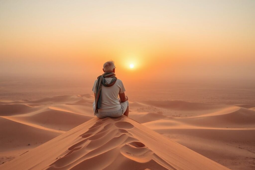 Traveler watching sunset from a sand dune on the Morocco Desert Circuit Traveler watching sunset from a sand dune on the Morocco Desert Circuit